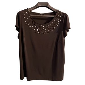 Roz & Ali Black Beaded Cap Sleeve Blouse Size 1X